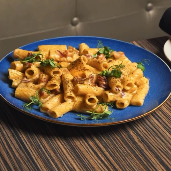 Rigatoni pasta in a creamy sauce with bacon and fresh greens on a blue plate.