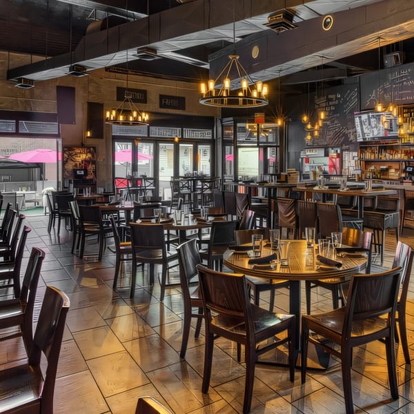 Flavio Restaurant DC's dining room with dark wooden tables and chairs, and warm lighting.