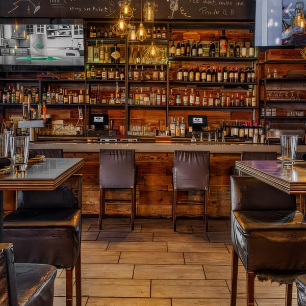 A cozy, dimly lit bar area at Flavio Restaurant DC, with shelves of liquor bottles and bar stools.
