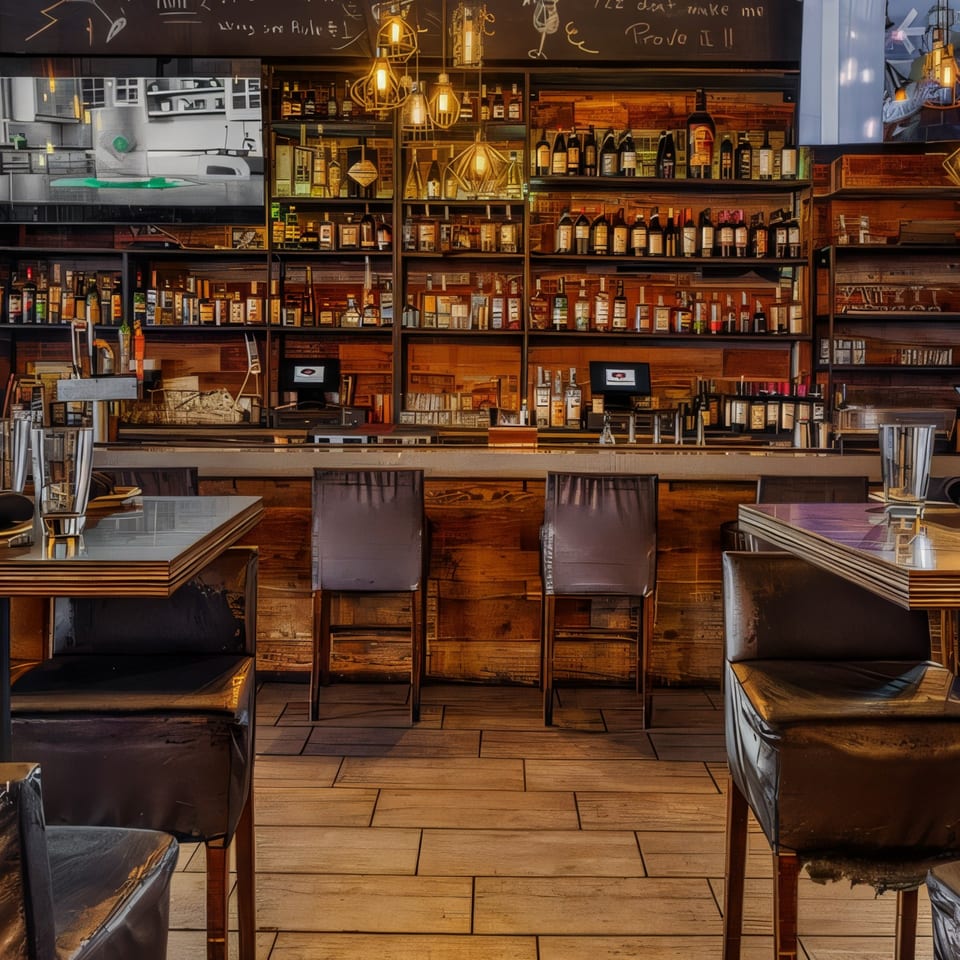 A cozy, dimly lit bar area at Flavio Restaurant DC, with shelves of liquor bottles and bar stools.