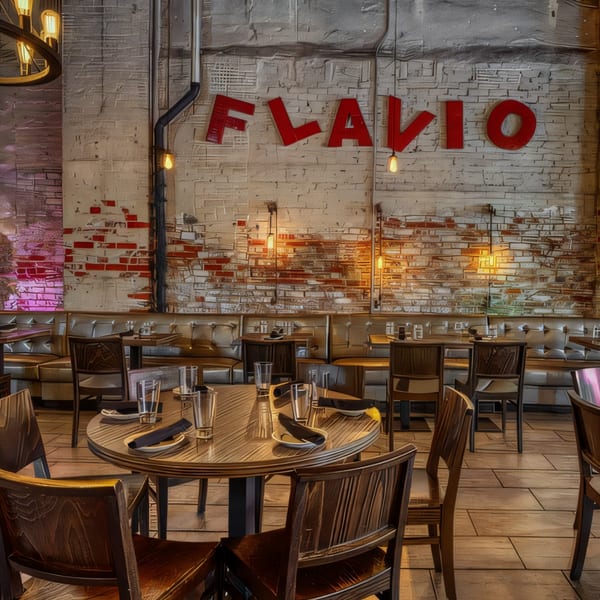 Flavio Restaurant DC dining room with wooden tables, chairs, and banquettes against a brick wall.